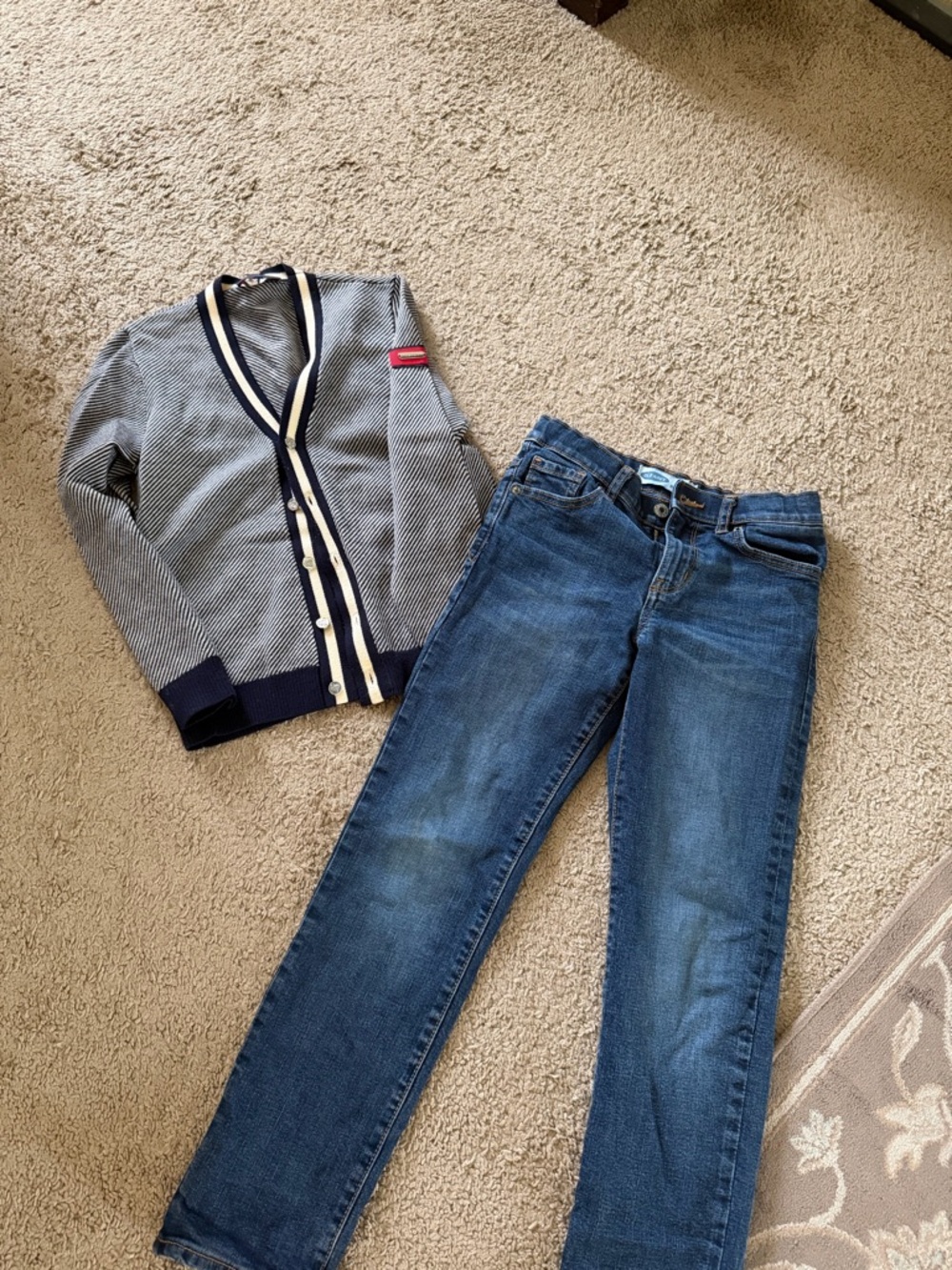 Boys Navy & White Striped Cardigan & jeans bundle